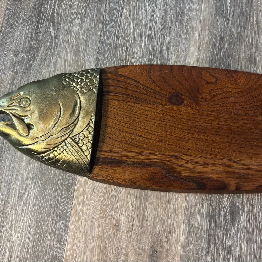 XL Wooden Salmom Fish-Shaped serving platter Cutting Board with Brass Accents